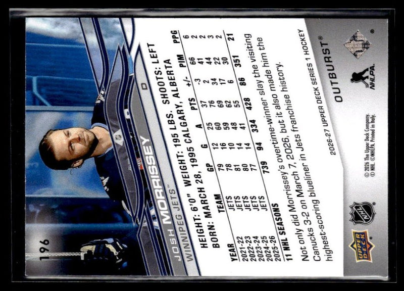 2026-27 Upper Deck Series 1 Hockey Outburst #196 Josh Morrissey (2)