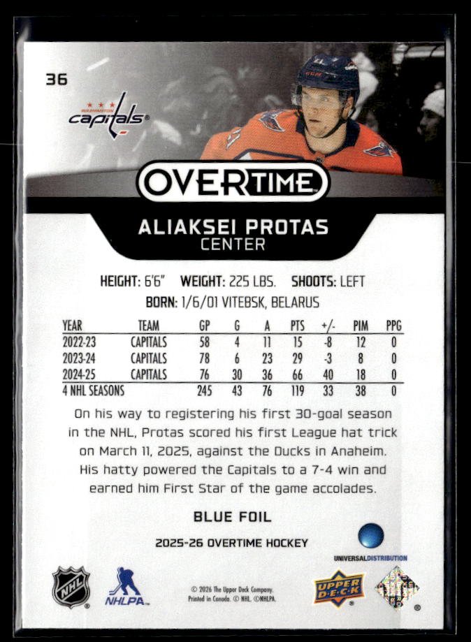 2025-26 Upper Deck Overtime Hockey Blue Foil #36 Aliaksei Protas (2)