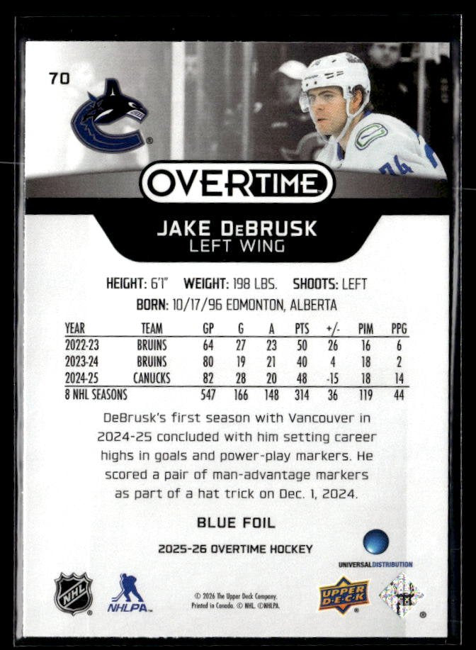2025-26 Upper Deck Overtime Hockey Blue Foil #70 Jake DeBrusk (2)
