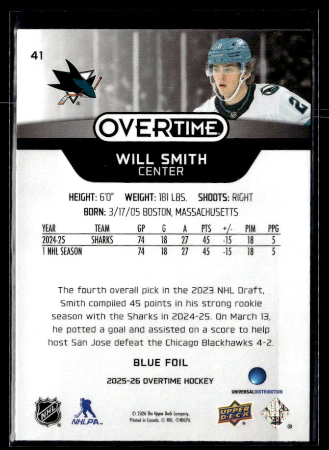 2025-26 Upper Deck Overtime Hockey Blue Foil #41 Will Smith (2)
