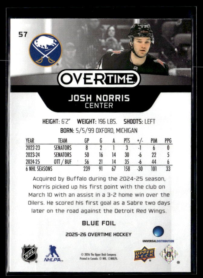 2025-26 Upper Deck Overtime Hockey Blue Foil #57 Josh Norris (2)