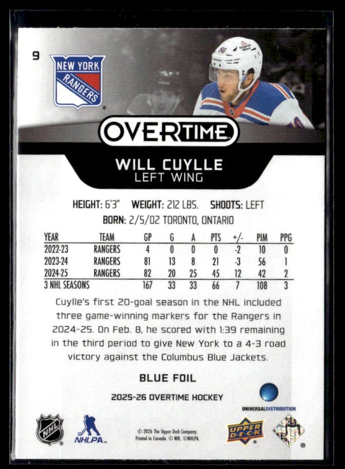 2025-26 Upper Deck Overtime Hockey Blue Foil #9 Will Cuylle (2)