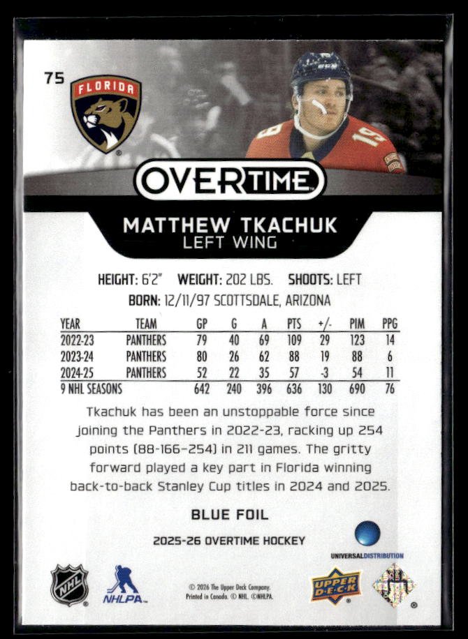 2025-26 Upper Deck Overtime Hockey Blue Foil #75 Matthew Tkachuk (2)