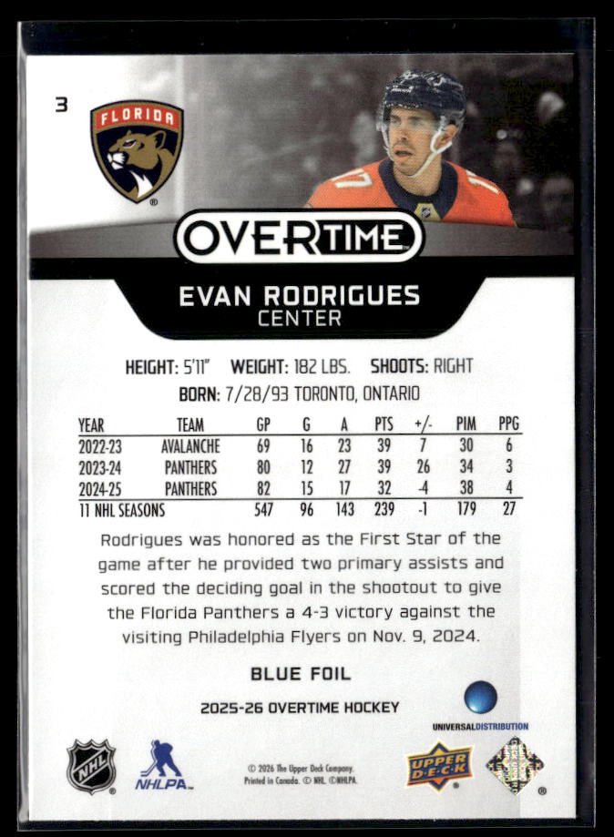 2025-26 Upper Deck Overtime Hockey Blue Foil #3 Evan Rodrigues (2)
