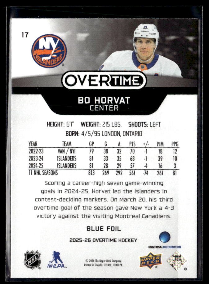 2025-26 Upper Deck Overtime Hockey Blue Foil #17 Bo Horvat (2)
