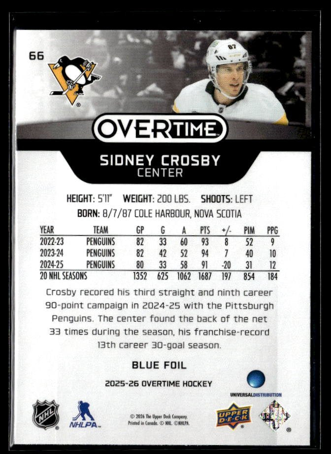 2025-26 Upper Deck Overtime Hockey Blue Foil #66 Sidney Crosby (2)