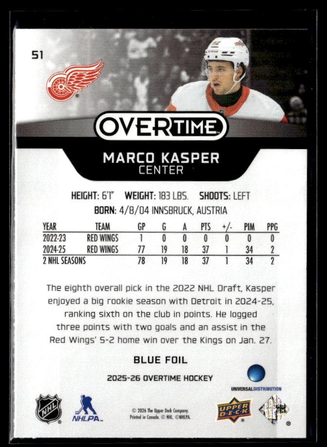 2025-26 Upper Deck Overtime Hockey Blue Foil #51 Marco Kasper (2)