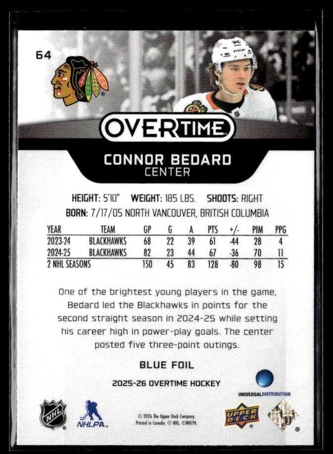 2025-26 Upper Deck Overtime Hockey Blue Foil #64 Connor Bedard (2)
