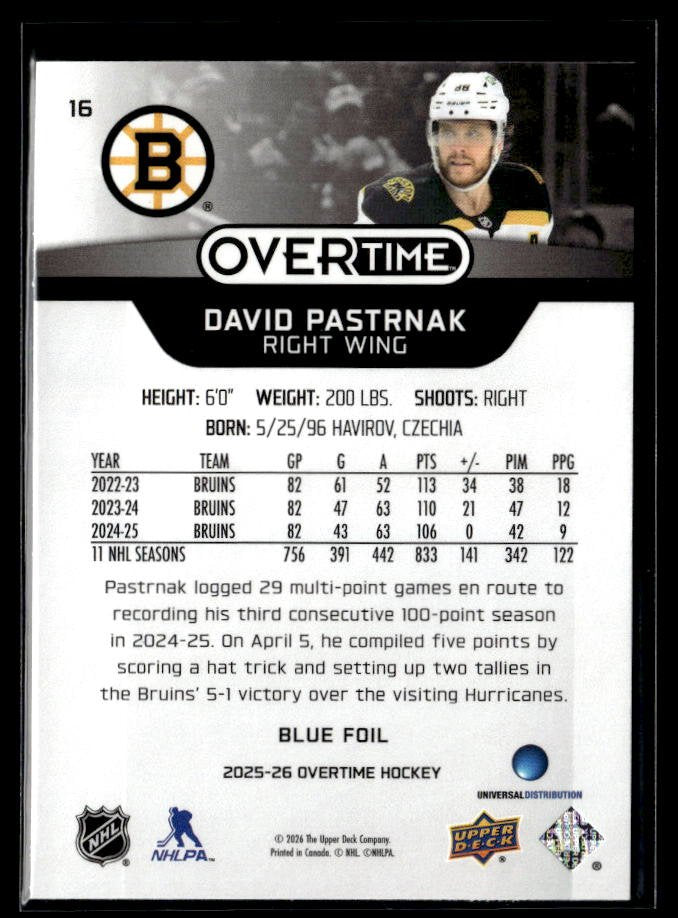 2025-26 Upper Deck Overtime Hockey Blue Foil #16 David Pastrnak (2)