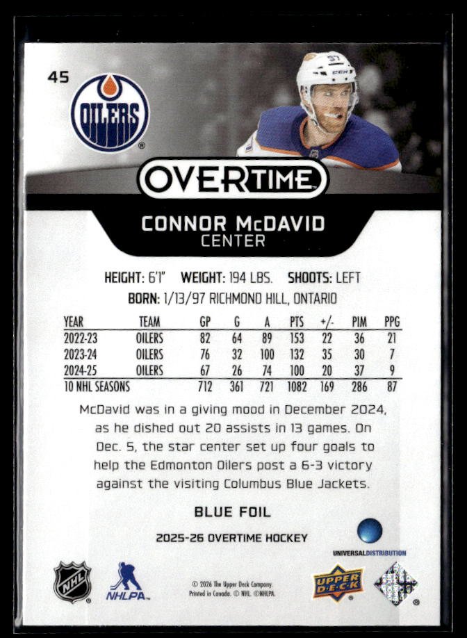 2025-26 Upper Deck Overtime Hockey Blue Foil #45 Connor McDavid (2)