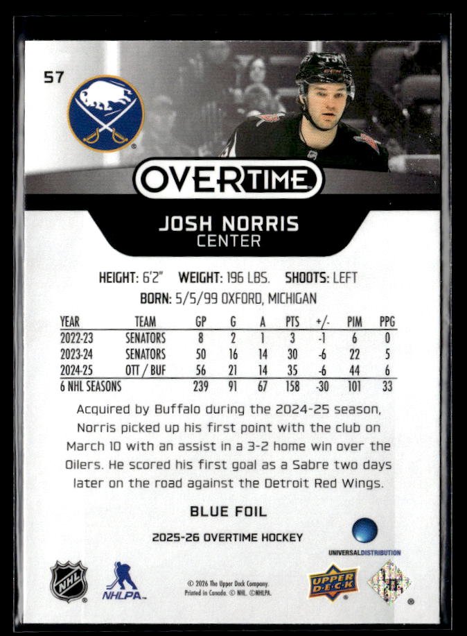 2025-26 Upper Deck Overtime Hockey Blue Foil #57 Josh Norris (2)