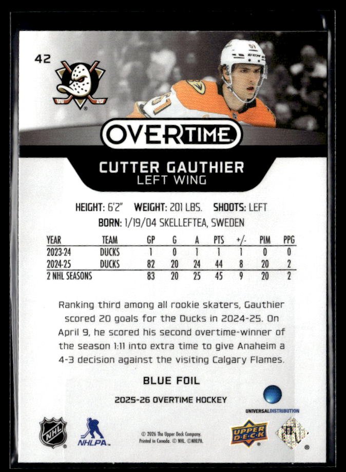 2025-26 Upper Deck Overtime Hockey Blue Foil #42 Cutter Gauthier (2)