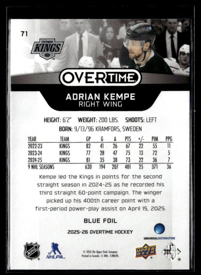 2025-26 Upper Deck Overtime Hockey Blue Foil #71 Adrian Kempe (2)