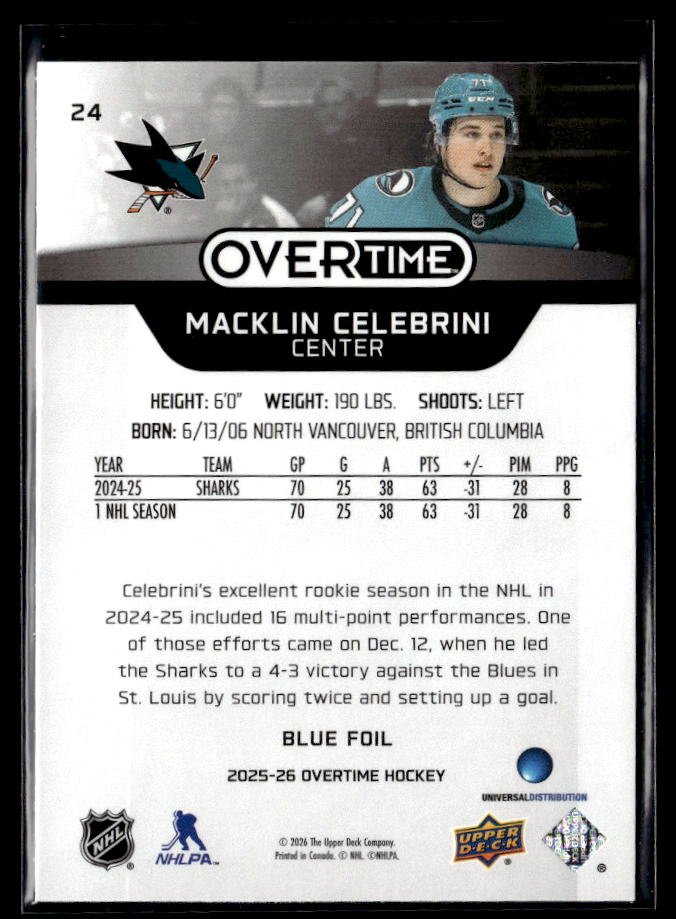 2025-26 Upper Deck Overtime Hockey Blue Foil #24 Macklin Celebrini (2)
