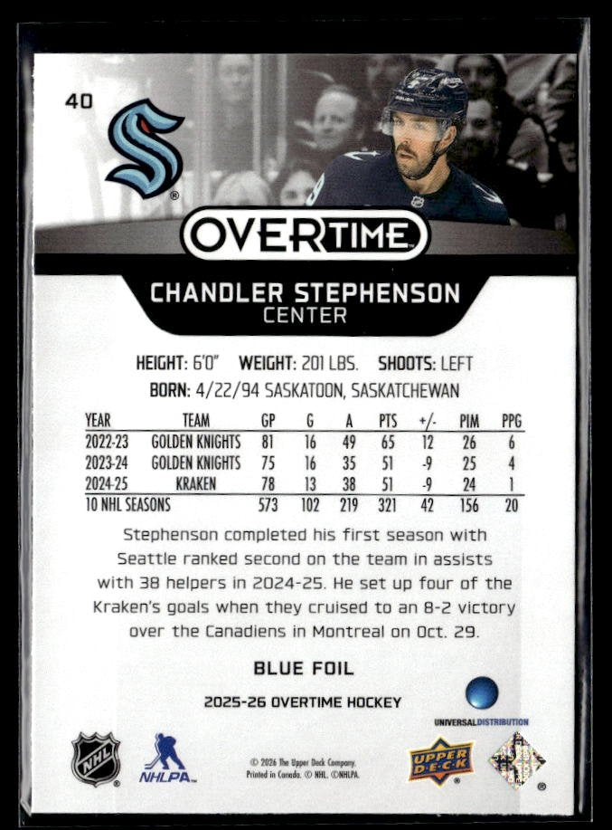 2025-26 Upper Deck Overtime Hockey Blue Foil #40 Chandler Stephenson (2)