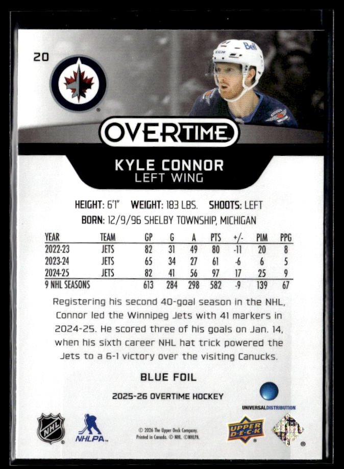 2025-26 Upper Deck Overtime Hockey Blue Foil #20 Kyle Connor (2)