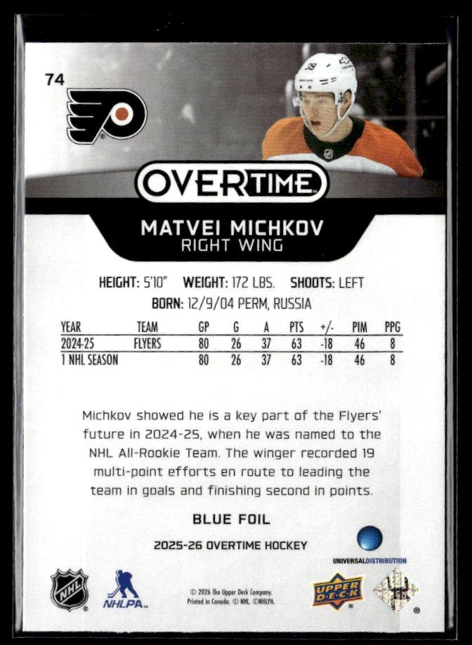 2025-26 Upper Deck Overtime Hockey Blue Foil #74 Matvei Michkov (2)