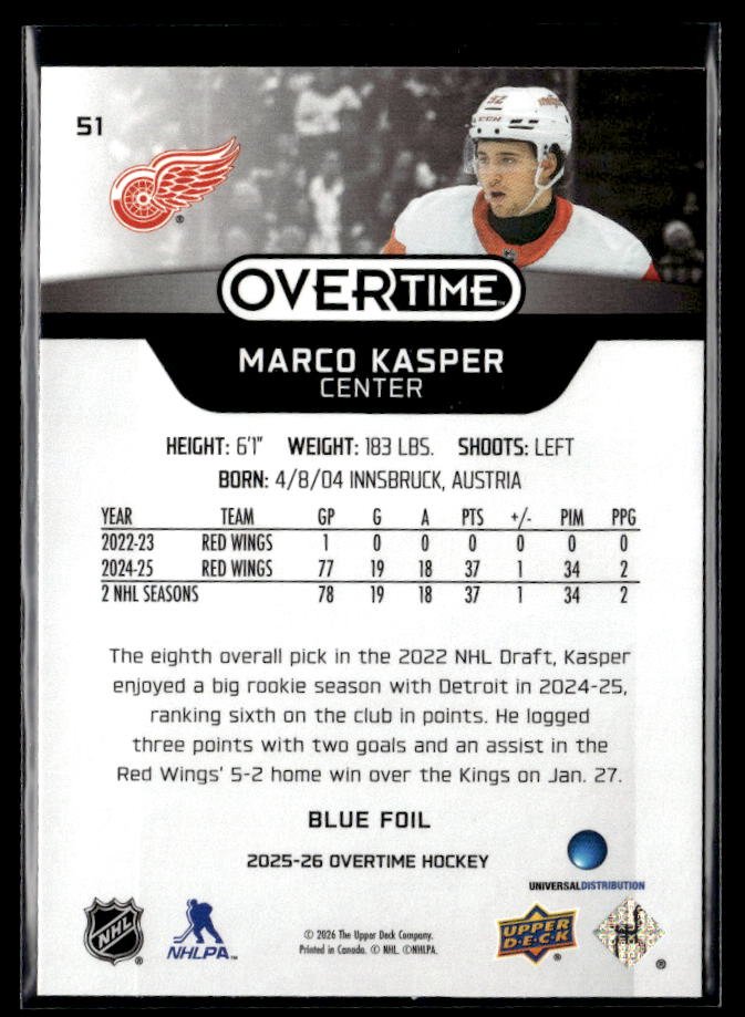 2025-26 Upper Deck Overtime Hockey Blue Foil #51 Marco Kasper (2)