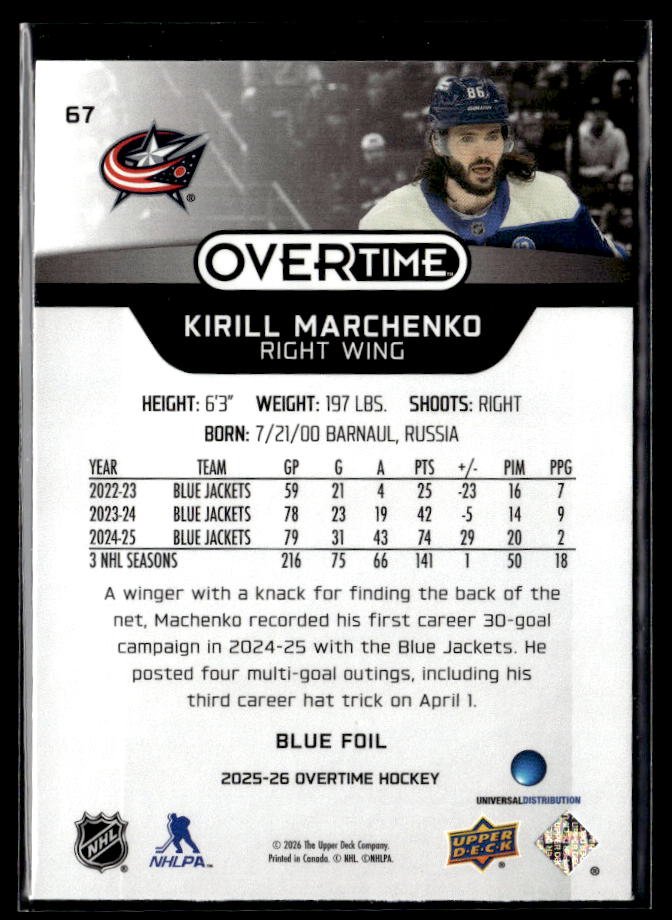 2025-26 Upper Deck Overtime Hockey Blue Foil #67 Kirill Marchenko (2)