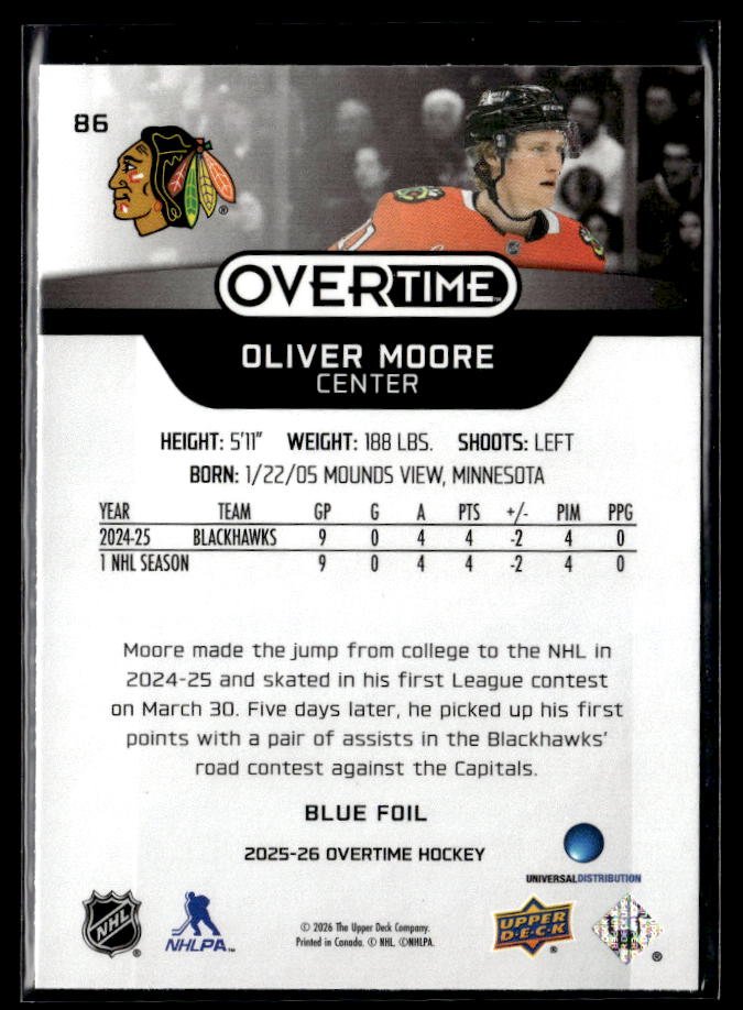 2025-26 Upper Deck Overtime Hockey Overtime Rookie Blue Foil #86 Oliver Moore (2)