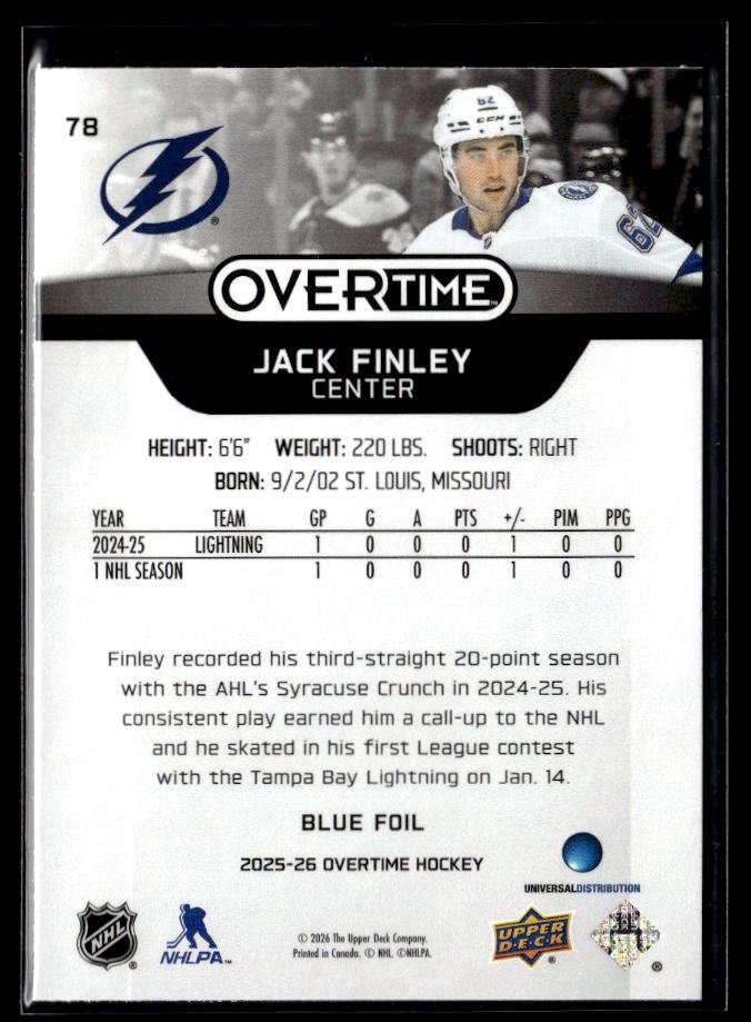 2025-26 Upper Deck Overtime Hockey Blue Foil #78 Jack Finley RC (2)