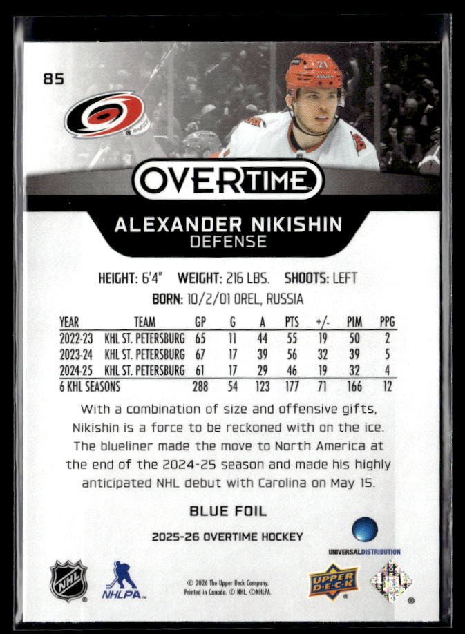 2025-26 Upper Deck Overtime Hockey Overtime Rookie Blue Foil Alexander Nikishin (2)