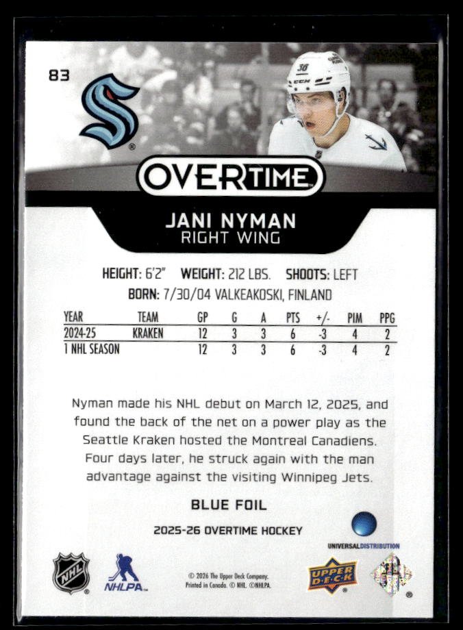 2025-26 Upper Deck Overtime Hockey Overtime Rookie Blue Foil #83 Jani Nyman (2)
