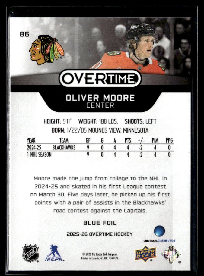 2025-26 Upper Deck Overtime Hockey Blue Foil #86 Oliver Moore RC (2)