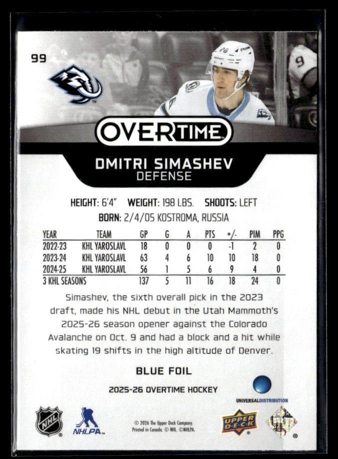 2025-26 Upper Deck Overtime Hockey Overtime Rookie Blue Foil #99 Dmitri Simashev (2)