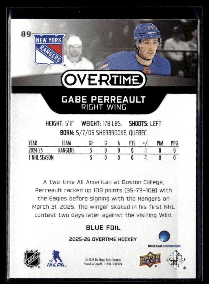 2025-26 Upper Deck Overtime Hockey Rookie Blue Foil #89 Gabe Perreault (2)