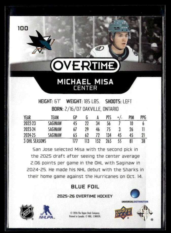 2025-26 Upper Deck Overtime Hockey Blue Foil #100 Michael Misa RC (2)