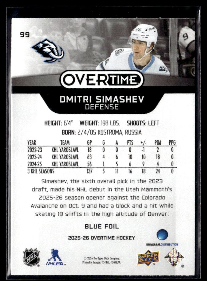 2025-26 Upper Deck Overtime Hockey Blue Foil #99 Dmitri Simashev RC (2)