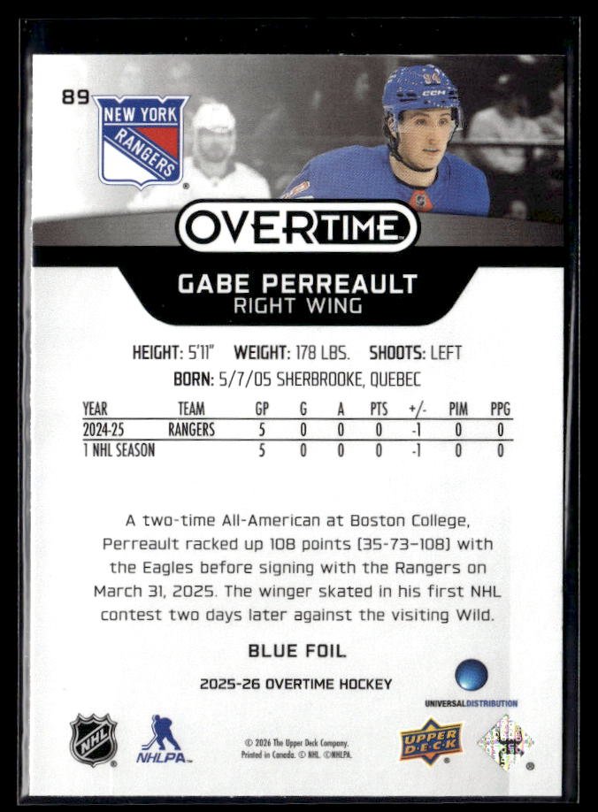 2025-26 Upper Deck Overtime Hockey Blue Foil #89 Gabe Perreault RC (2)