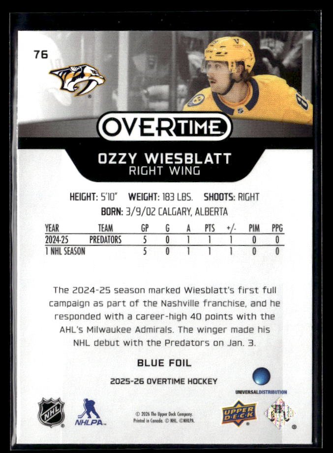 2025-26 Upper Deck Overtime Hockey Blue Foil #76 Ozzy Wiesblatt (2)