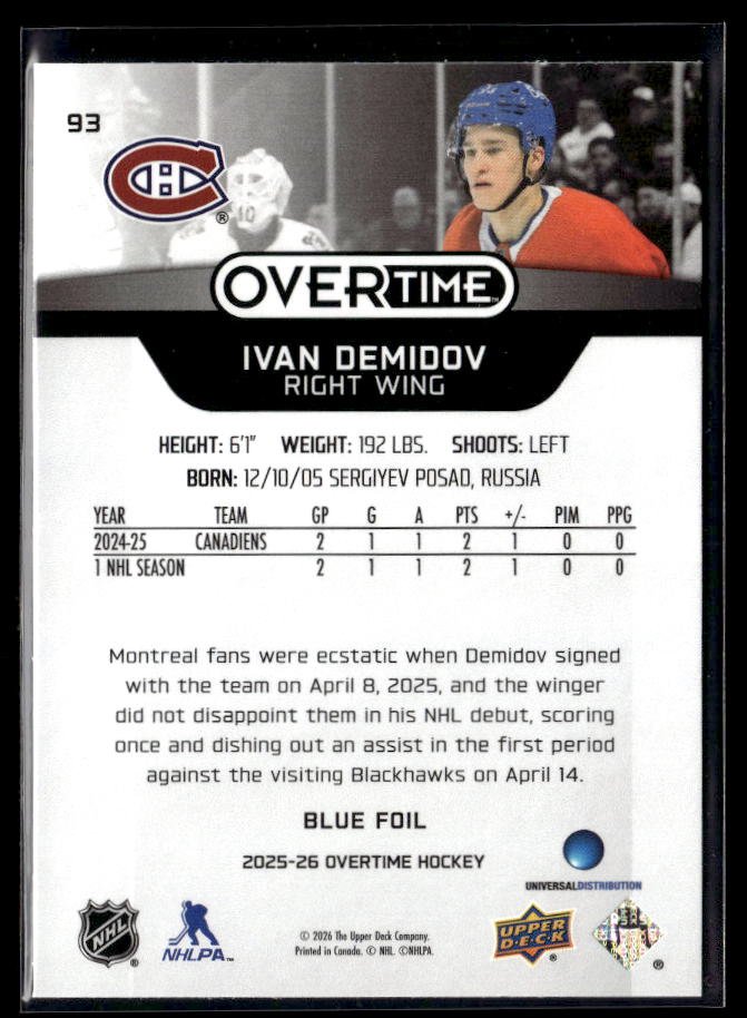 2025-26 Upper Deck Overtime Hockey Blue Foil #93 Ivan Demidov RC (2)