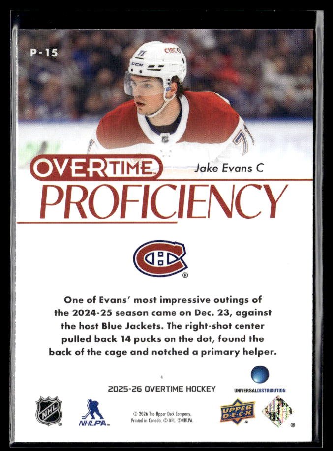 2025-26 Upper Deck Overtime Hockey Overtime Proficiency #P-15 Jake Evans (2)