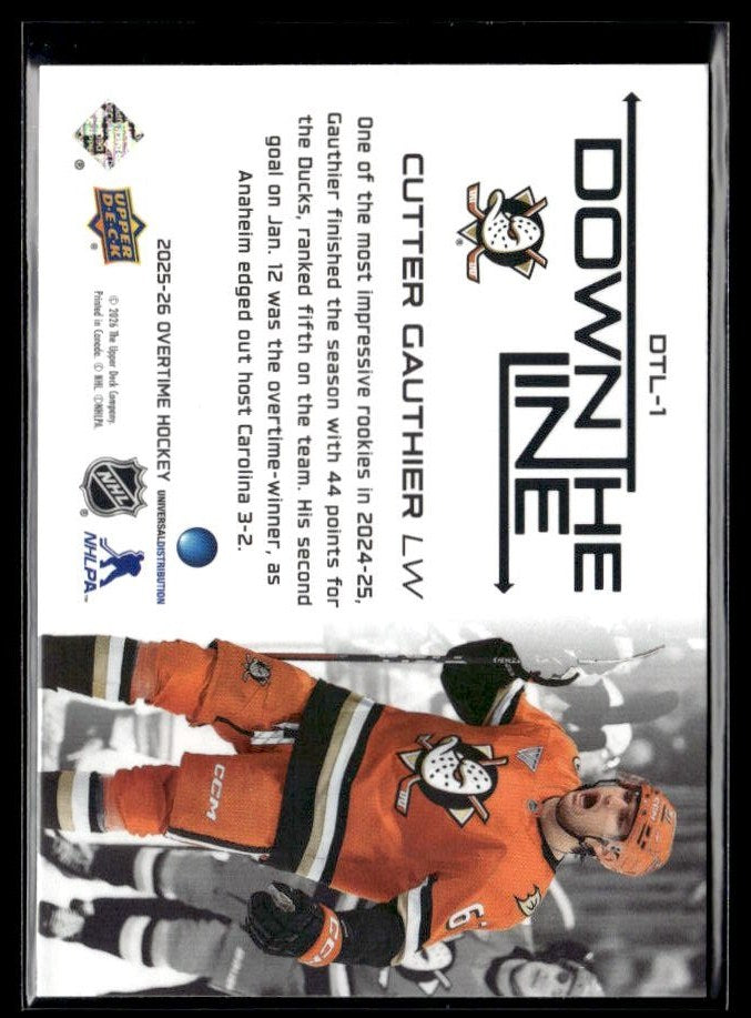 2025-26 Upper Deck Overtime Hockey Down the Line #DTL-1 Cutter Gauthier (2)