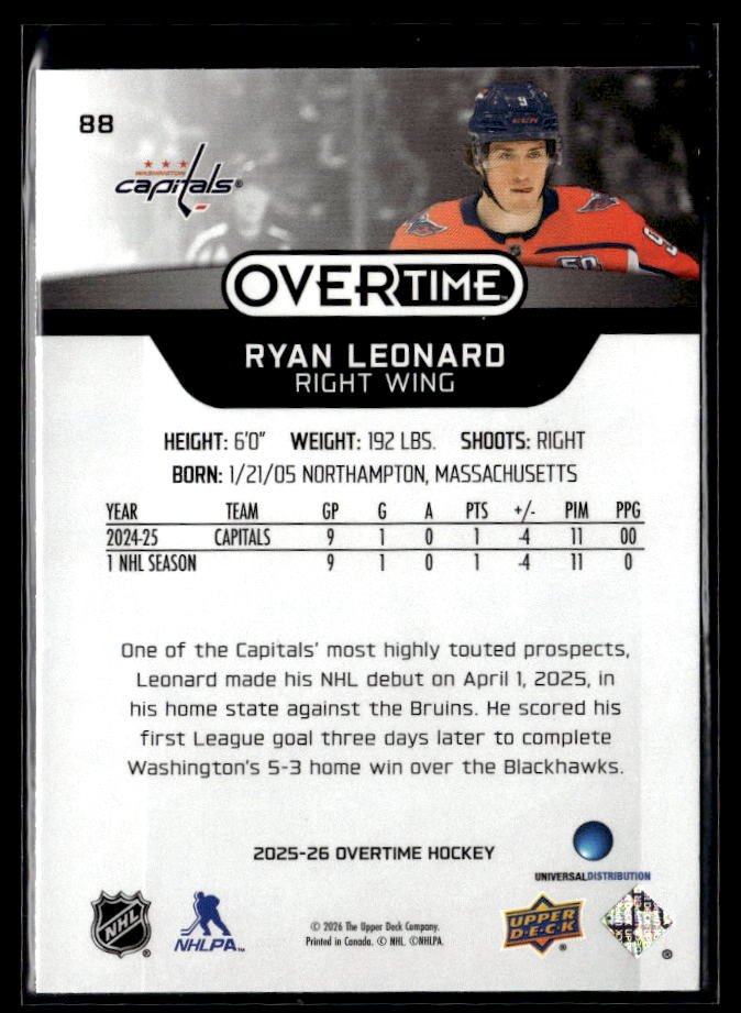 2025-26 Upper Deck Overtime Hockey Overtime Rookie #88 Ryan Leonard (2)