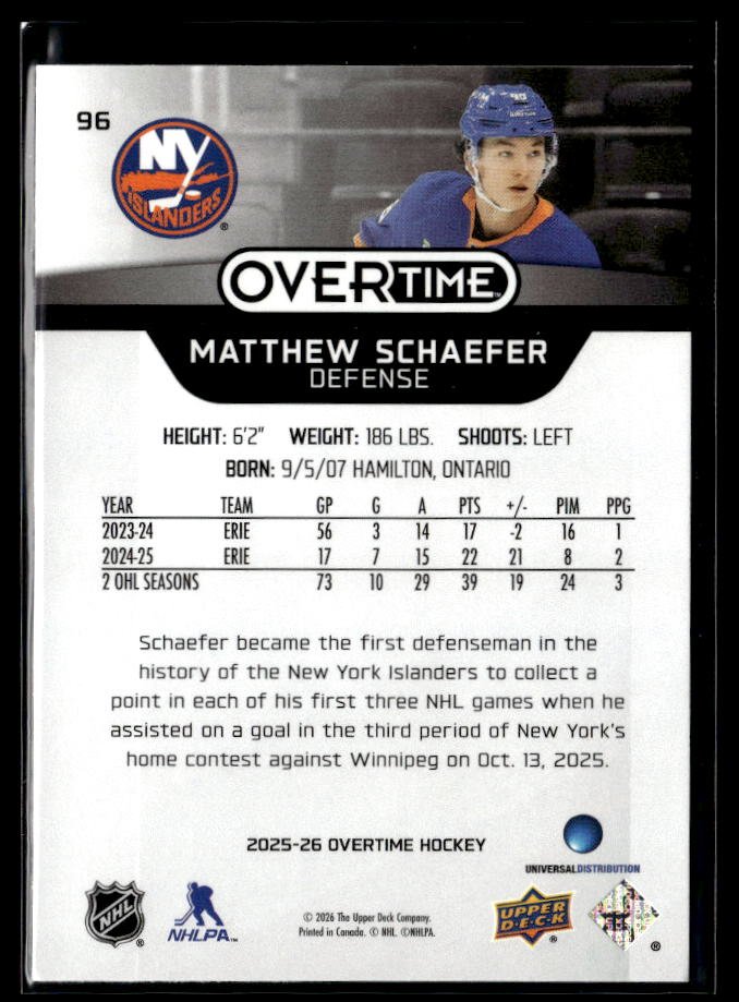 2025-26 Upper Deck Overtime Hockey #96 Matthew Schaefer (2)