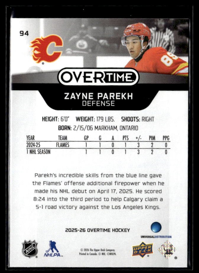 2025-26 Upper Deck Overtime Hockey #94 Zayne Parekh RC (2)
