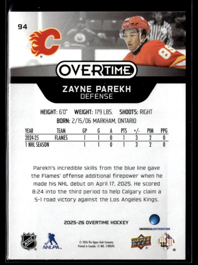 2025-26 Upper Deck Overtime Hockey #94 Zayne Parekh RC (2)