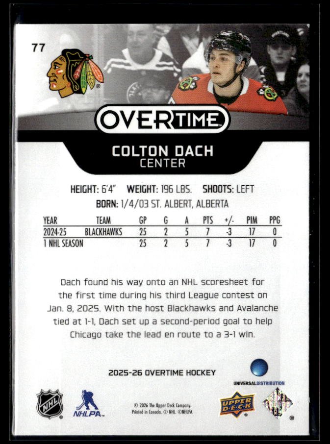 2025-26 Upper Deck Overtime Hockey #77 Colton Dach RC (2)