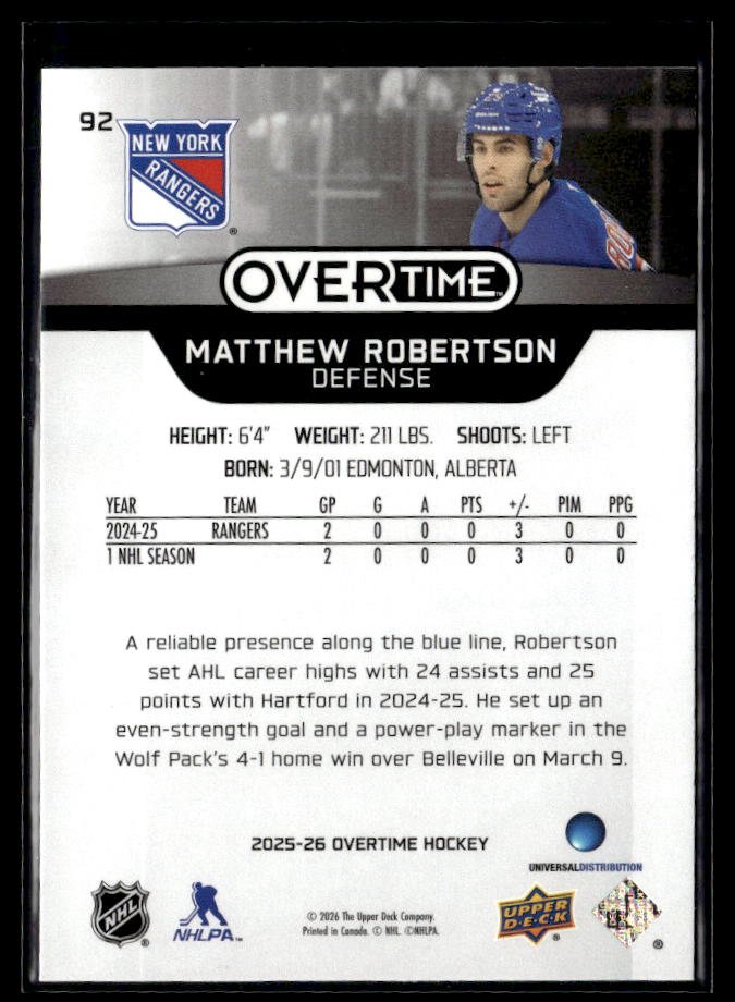 2025-26 Upper Deck Overtime Hockey Overtime Rookie #92 Matthew Robertson (2)