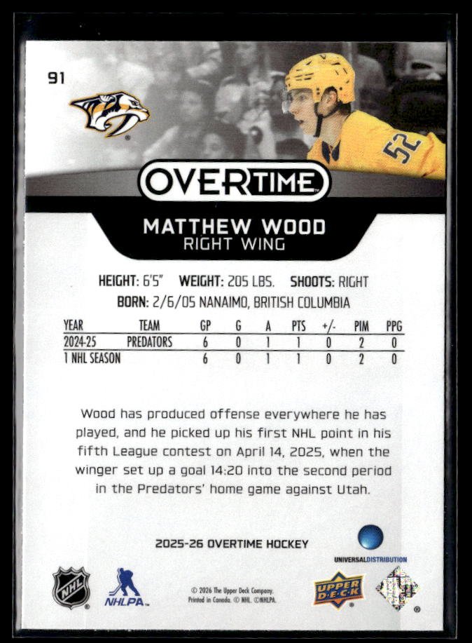 2025-26 Upper Deck Overtime Hockey #91 Matthew Wood RC (2)