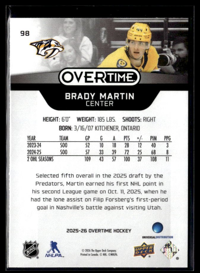 2025-26 Upper Deck Overtime Hockey Overtime Rookie #98 Brady Martin (2)