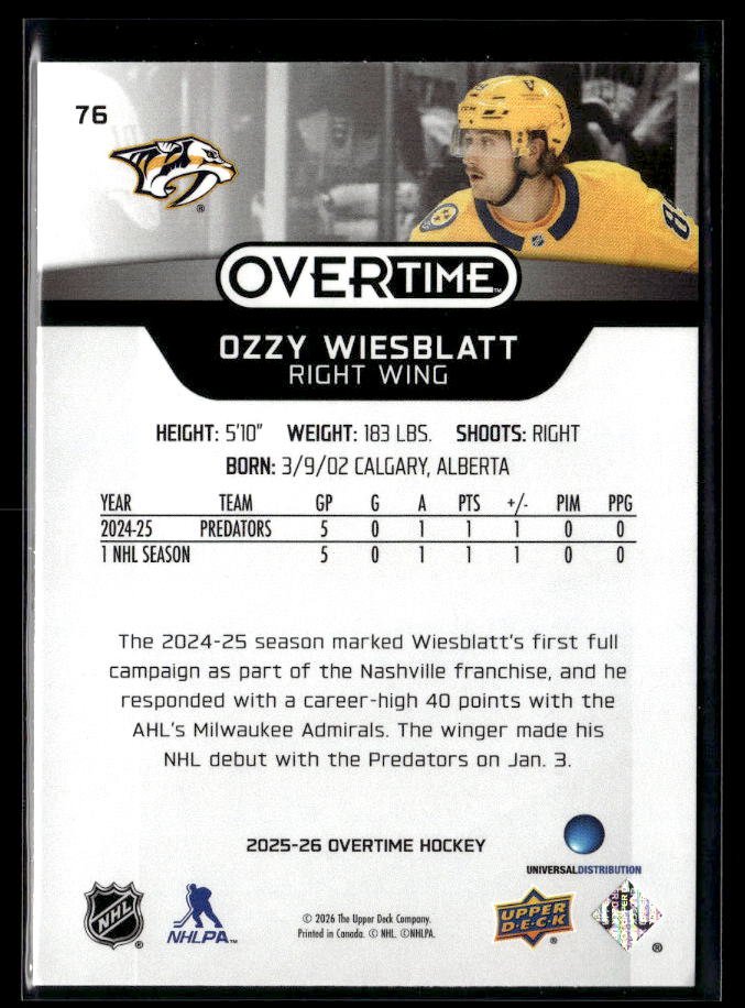 2025-26 Upper Deck Overtime Hockey Rookie #76 Ozzy Wiesblatt (2)