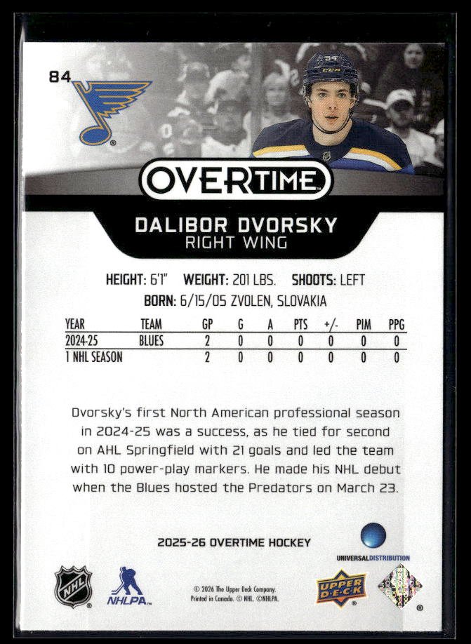 2025-26 Upper Deck Overtime Hockey Overtime Rookie #84 Dalibor Dvorsky (2)