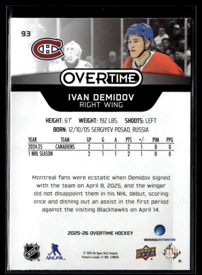 2025-26 Upper Deck Overtime Hockey #93 Ivan Demidov RC (2)