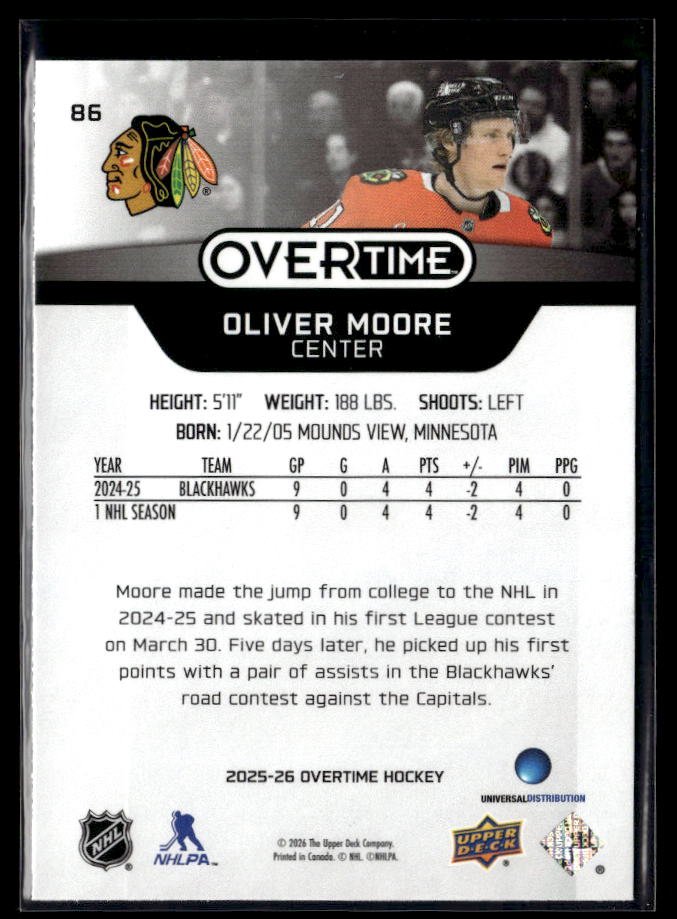 2025-26 Upper Deck Overtime Hockey Overtime Rookie #86 Oliver Moore (2)