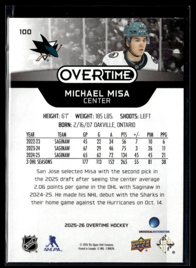 2025-26 Upper Deck Overtime Hockey #100 Michael Misa RC (2)